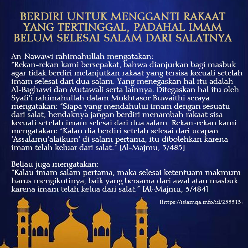 Berdiri Untuk Mengganti Rakaat Yang Tertinggal Padahal Imam Belum Selesai Salam Dari Salatnya Nasihat Sahabat